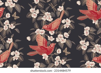 Red birds on branches, butterflies, dragonfly on black background. Flowers and leaves of Blossoming tree. Floral seamless pattern. Spring Vector illustration. Vintage. Template for wallpaper, paper.