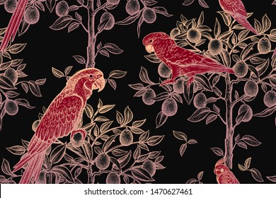 Red birds parrots and golden citrus trees on a black background. Luxury seamless pattern. Vector illustration art. Vintage drawing. For textiles, wrapping paper, wallpaper, curtains, interior design.