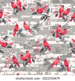 Red Birds Repeat Pattern Design. Parrot Couples Sit on Tree Branch Colorful Background for Print