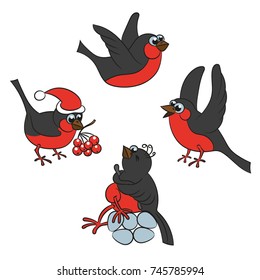 Red birds set, four different ones. Suitable for Christmas and New Year card. Vector illustration.