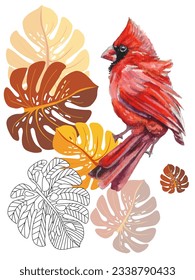Red birds and tropical monstera plants. Can be used as a postcard, cover background, or for a web message. Vector illustration in a watercolor style.