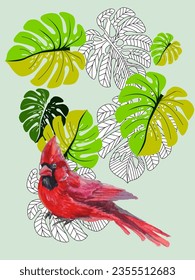 Red birds and tropical monstera plants. Can be used as a postcard, cover background, or for a web message. Vector illustration in a watercolor style. 
