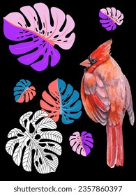 Red birds and tropical monstera plants. Can be used as a postcard, cover background, or for a web message. Vector illustration in a watercolor style.