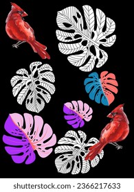 Red birds and tropical monstera plants. Can be used as a postcard, cover background, or for a web message. Vector illustration in a watercolor style. 