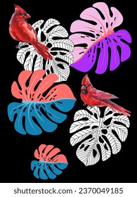 Red birds and tropical monstera plants. Can be used as a postcard, cover background, or for a web message. Vector illustration in a watercolor style. 
