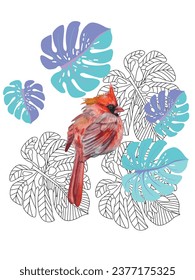 Red birds and tropical monstera plants. Can be used as a postcard, cover background, or for a web message. Vector illustration in a watercolor style. 

