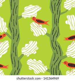 red birds in the woods vector seamless pattern