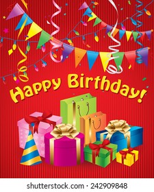 Red Birthday background with gifts, flags and lanterns