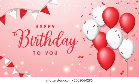 Red birthday balloons vector background design. Happy birthday to you text with balloon and confetti decoration element for birth day celebration greeting card design. Vector illustration