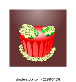 red birthday cake and flowers