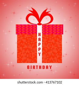 Red birthday greeting with red birthday gift of a red square with a red ribbon and glistening white and red stars with the inscription happy birthday