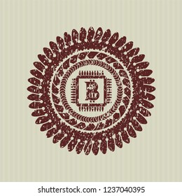 Red bitcoin chip (cryptocurrency mining concept) icon inside rubber seal