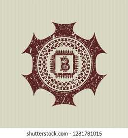 Red bitcoin chip (cryptocurrency mining concept) icon inside distress rubber seal