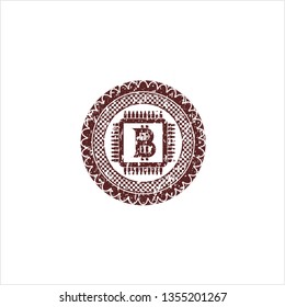 Red bitcoin chip (cryptocurrency mining concept) icon inside rubber seal