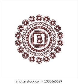 Red bitcoin chip (cryptocurrency mining concept) icon inside distressed rubber texture