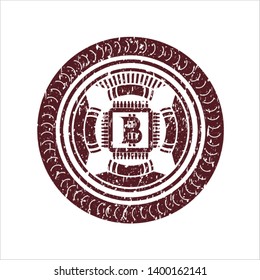 Red bitcoin chip (cryptocurrency mining concept) icon inside distress rubber grunge stamp