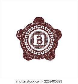 Red bitcoin chip (cryptocurrency mining concept) icon inside grunge style stamp. 