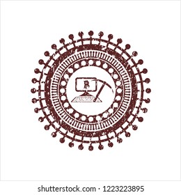Red bitcoin mining icon inside distress grunge seal