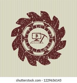 Red bitcoin mining icon inside distress rubber stamp with grunge texture