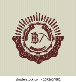 Red bitcoin mining icon inside distressed with rubber seal texture