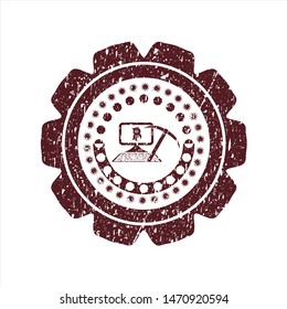 Red bitcoin mining icon inside rubber seal with grunge texture