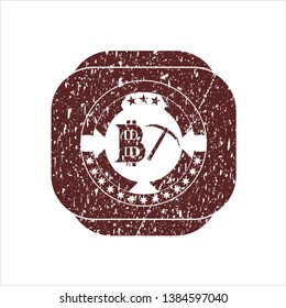 Red bitcoin mining icon with rubber seal texture