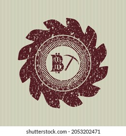 Red bitcoin mining icon with rubber seal texture. 