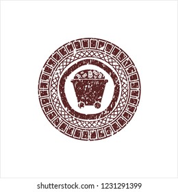 Red Bitcoin mining trolley icon inside rubber seal