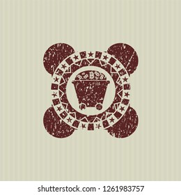 Red Bitcoin mining trolley icon inside grunge style stamp