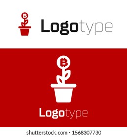 Red Bitcoin plant in the pot icon isolated on white background. Business investment growth concept. Blockchain technology, cryptocurrency mining. Logo design template element. Vector Illustration