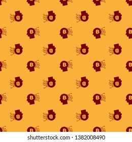 Red Bitcoin think icon isolated seamless pattern on brown background. Cryptocurrency head. Blockchain technology, bitcoin, digital money market, cryptocoin wallet. Flat design. Vector Illustration