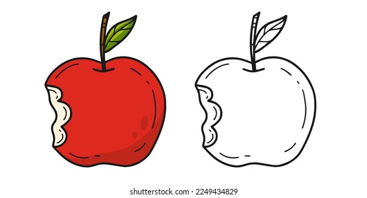 Red bitten apple coloring book with an example of coloring for children. Coloring page with an apple. Monochrome and color version. Vector children's illustration.