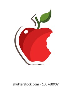 Red bitten apple with leaf isolated over white