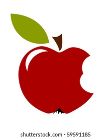 Red bitten apple with leaf isolated over white