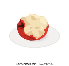 Red bitten apple on a plate isolated on white background.