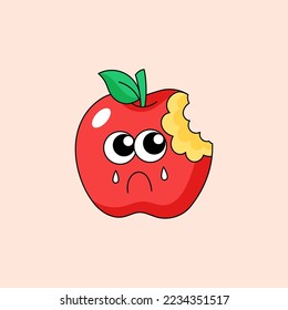 el rojo mordió manzana triste y llorando. el fruto falta una ilustración plana del vector de dibujo de bocado