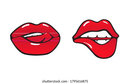 Red bitten and  licked lips. Set  of colored icons in cartoon style isolated on white background.
