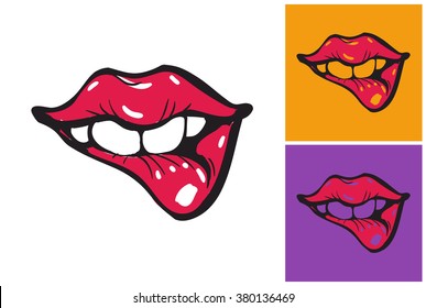 Red bitting lip vector sketch in fashion style on white, yellow and purple background.
