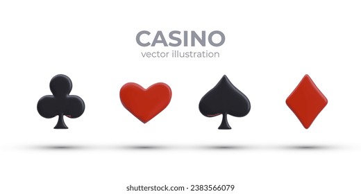 Red and black 3D symbols of playing suits. Color game images on white background. Marking for gambling. Collection of icons for website, online casino application