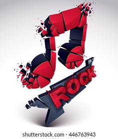 Red and black 3d vector musical note created from refractions isolated on white. Three-dimensional transform music theme design element. Rock music theme 