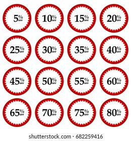 Red and black 5%, 10%, 15%, 20%, 25%, 30%, 35%, 40%, 45%, 50%, 55%, 60%, 65%, 70%, 75%, 80% off sale vector banner, label, sticker, tag design