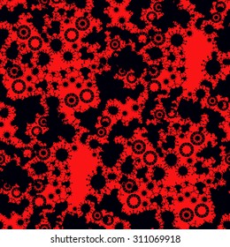 Red and black abstract background with circles and spots.