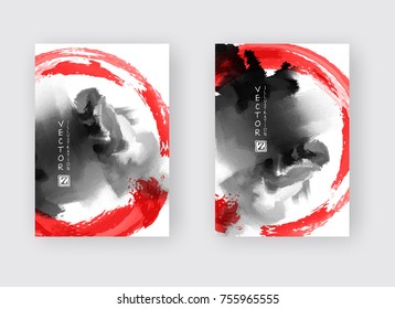 Red and black abstract backgrounds set with ink splats. Japanese style composition. Aggressive futuristic dynamic background for wallpaper, interior, flyer cover, poster, banner, booklet.