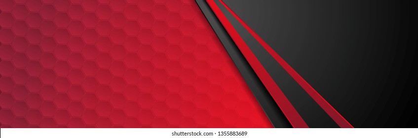 Red and black abstract corporate banner design with hexagons texture. Vector technology background