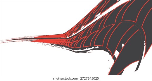 Forma de onda aguda abstracta roja y negra sobre fondo blanco. Pincelada dinámica agresiva para diseños vanguardistas