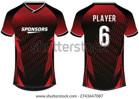 Red and Black Abstract Stripe V-Neck Sports Jersey Flat Sketch Vector Illustration with Front and Back View for Football, Cricket and Volleyball Uniform