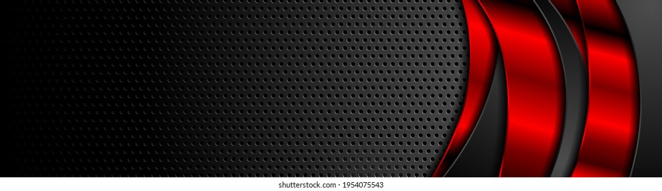 Red and black abstract technology glossy wavy banner with perforated texture. Vector background