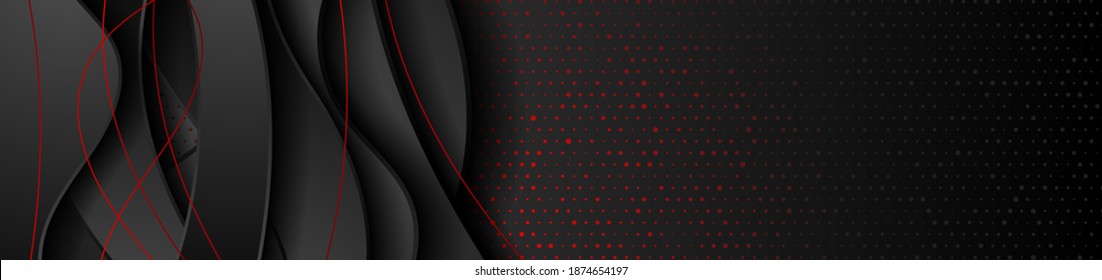 Red and black abstract waves corporate banner design with circles dots. Vector tech background