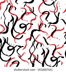 Red and black abstraction on a white background, a seamless futuristic pattern of blots and lines drawn with ink.