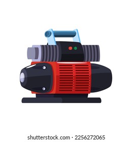 Rote und schwarze Luftkompressorgrafik. Vektorgrafik von pneumatischen Geräten für Bauarbeiten. Cartoon-Maschine mit Pumpe, Gastank unter Druck, Drehmotor einzeln auf Weiß